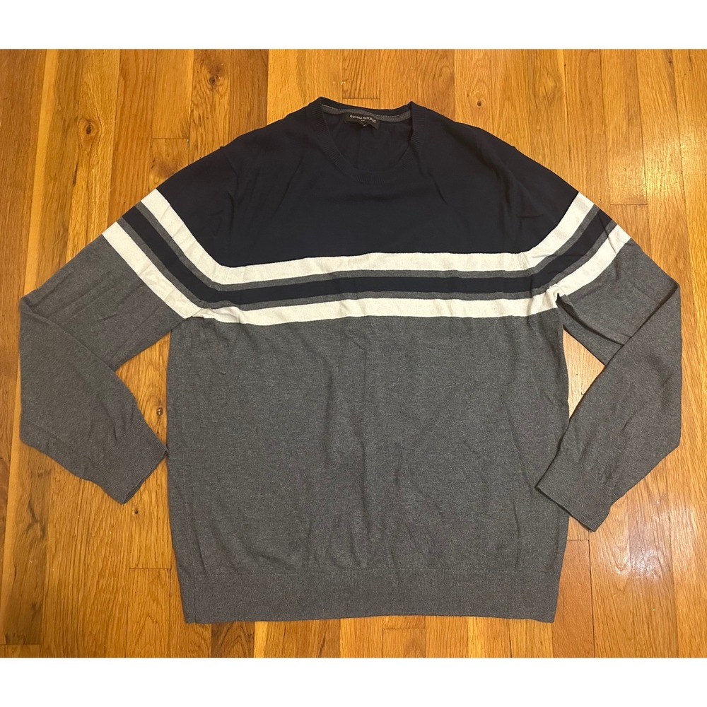 Banana Republic Mens XL Navy Blue Grey Striped Colorblock Crew Neck Sweater
